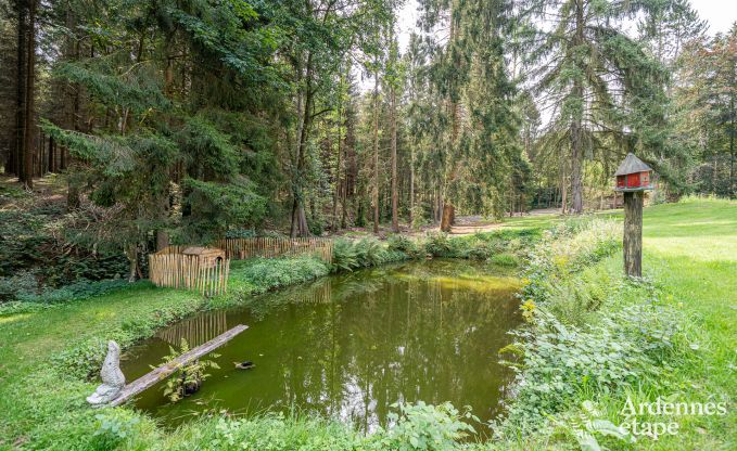 Charmante maison chien admis  Manhay pour 8 personnes, avec piscine extrieure chauffe, tang priv et garage  vlos  la lisire de la fort